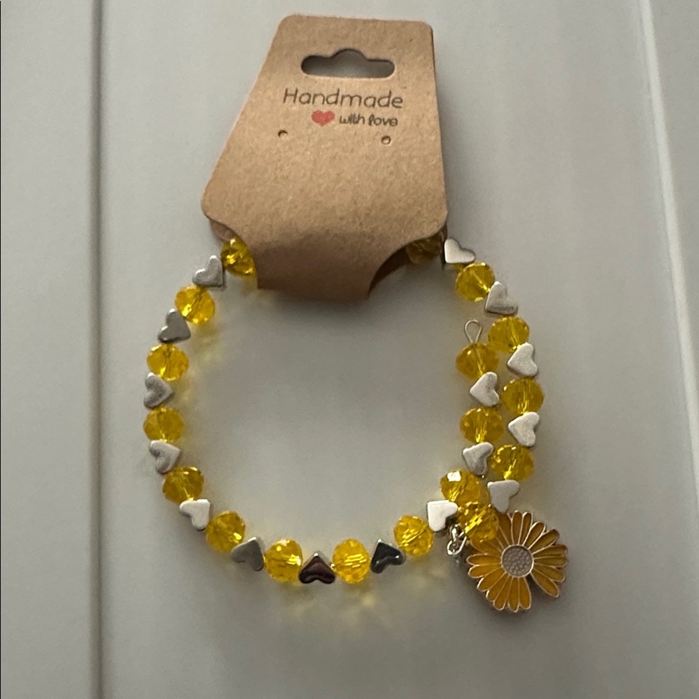 Yellow Beaded Bracelet with Heart Accents